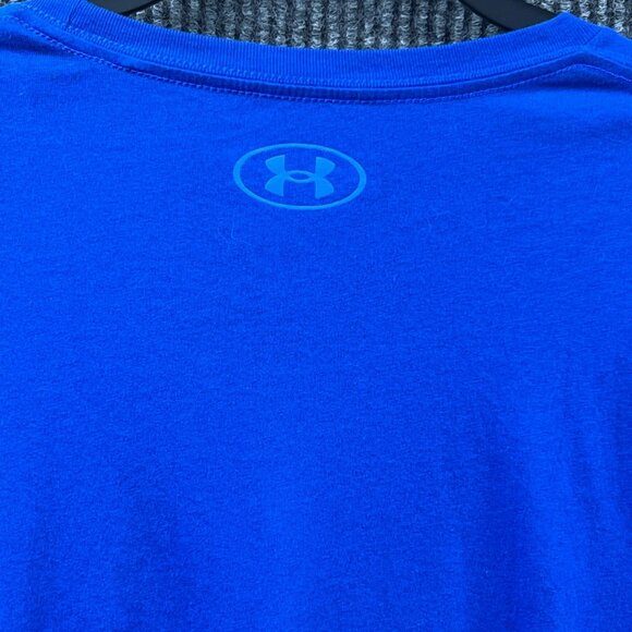 Under Armour HeatGear T-Shirt Mens 2XL Blue Graphic Spellout Loose Fit Pullover - Picture 11 of 11